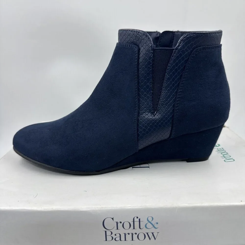 Croft & Barrow Boots Womens 7.5 Ocelote Ankle Ortholite Booties Blue Suede Wedge